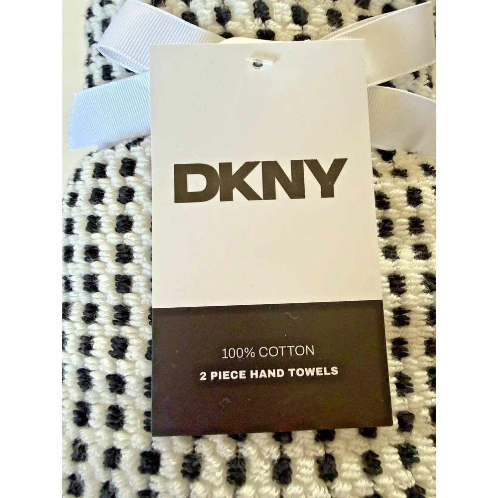DKNY Hand Towels Set of 2 Black Ivory Check Dot Cotton 16x28 Country Cabin